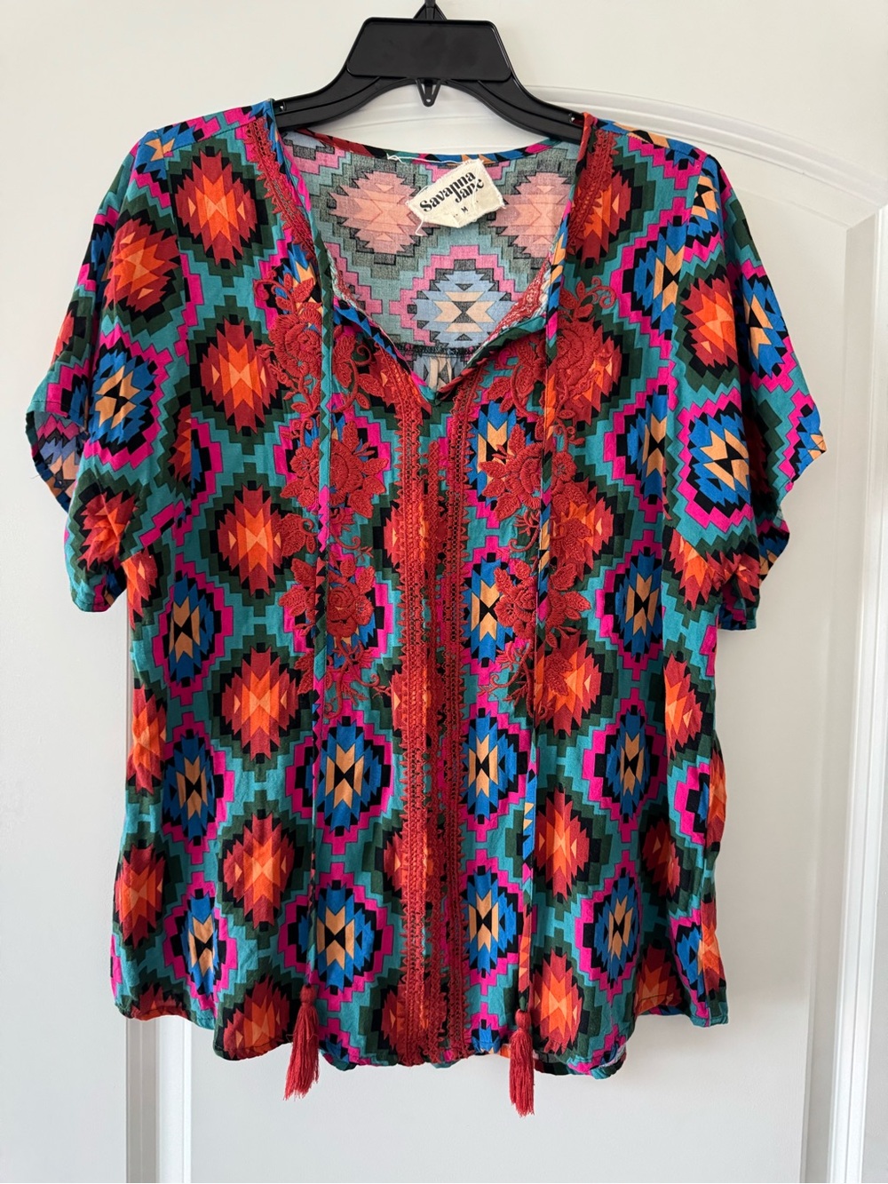 Savanna Jane Colorful Embroidered Aztec Print Top Size M
